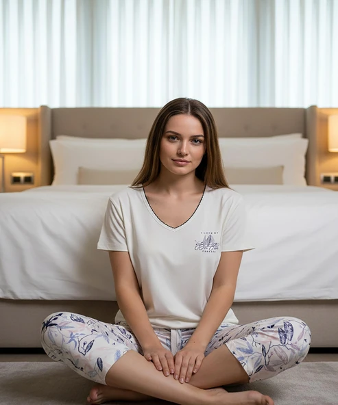 Mihra Kadın Viskon V Yaka Kısa Kol KAPRİ Likralı Pijama Takımı 40111E - 1 Adet  L Ekru ürün görseli 1