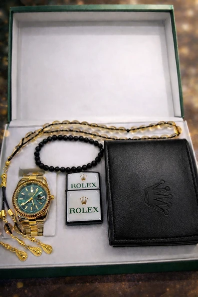 Elifin Işığı Emerald Gold Erkek Saat  Aksesuar Hediye Seti  Yeşil Kadran Premium Seri ürün görseli 1