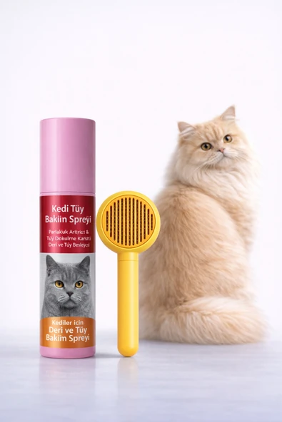 Kedi Tüy Bakım Seti 200 ml Sprey ve Basmalı Tüy Toplayıcı Tarak Tüy Dökülme Karşıtı ürün görseli 1