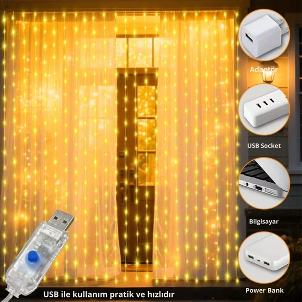 ShopyTech 300 LED USB Perde Işık 8 Modlu Uzaktan Kumandalı Gün Işığı Dekoratif LED Peri Işığı ürün görseli 1