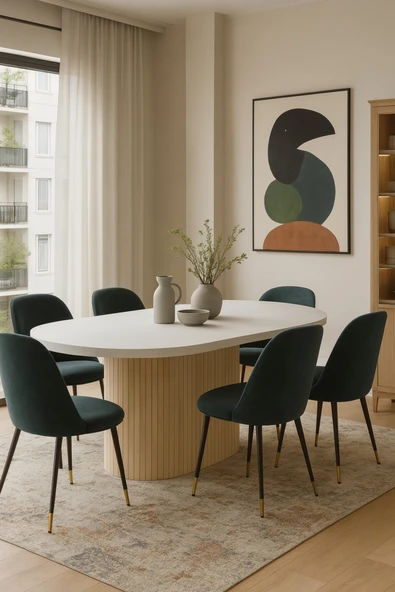 OlcayAksesuar Dolunay 180x90x75cm (36MM KALIN KENARLI) Oval Beyaz Sütunlu Yemek Masası (SADECE MASADIR) ürün görseli 1
