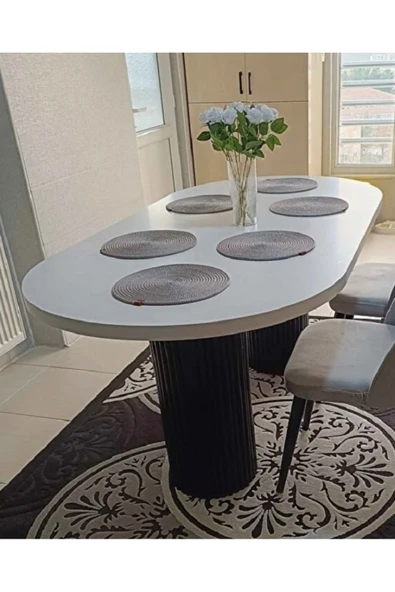 OlcayAksesuar Ada 180x90x75cm (36MM KALIN KENARLI) Oval Beyaz Sütunlu Yemek Masası (SANDALYE YOK SADECE MASADIR) ürün görseli 1