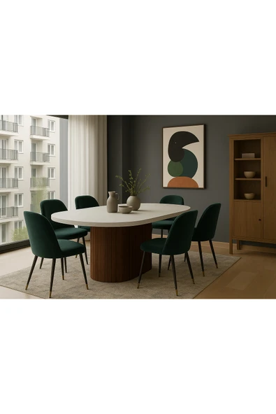 OlcayAksesuar Dolunay 180x90x75cm (36MM KALIN KENARLI) Oval Beyaz Sütunlu Yemek Masası (SADECE MASADIR) ürün görseli 1