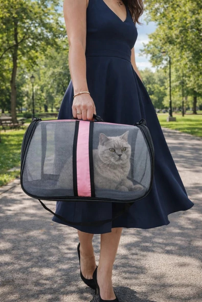 Kedi Taşıma Çantası Seyahat Evcil Hayvan Çantası Fileli Büyük Boy - Pembe ürün görseli 1