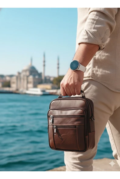 Newish Polo Hakiki Deri Postacı Kasalı El Omuz Çantası Ortaboy - Kahverengi ürün görseli 1