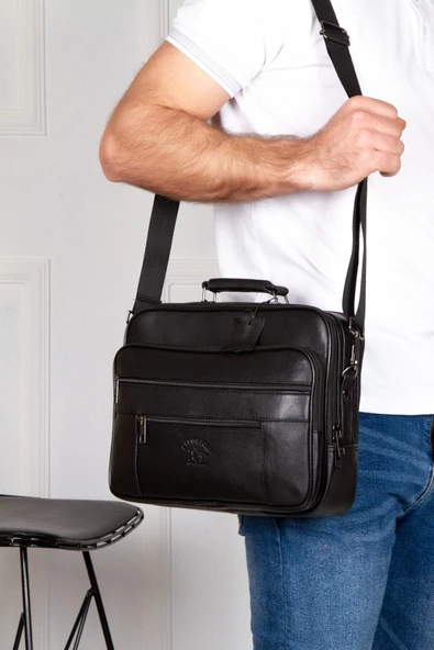Newish Polo Hakiki Deri Kasalı Postacı Çanta Battal Yan Model ürün görseli 1