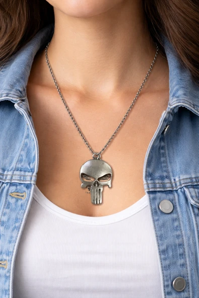 Unisex Kuru Kafa Figürlü Metal Kolye Gümüş Renk 60 cm Zincir ürün görseli 1