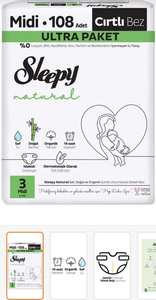 Sleepy Natural Bebek Bezi 3 MAXİ - Ultra Paket Doğal İçerikli Bebek Bezi ürün görseli 1