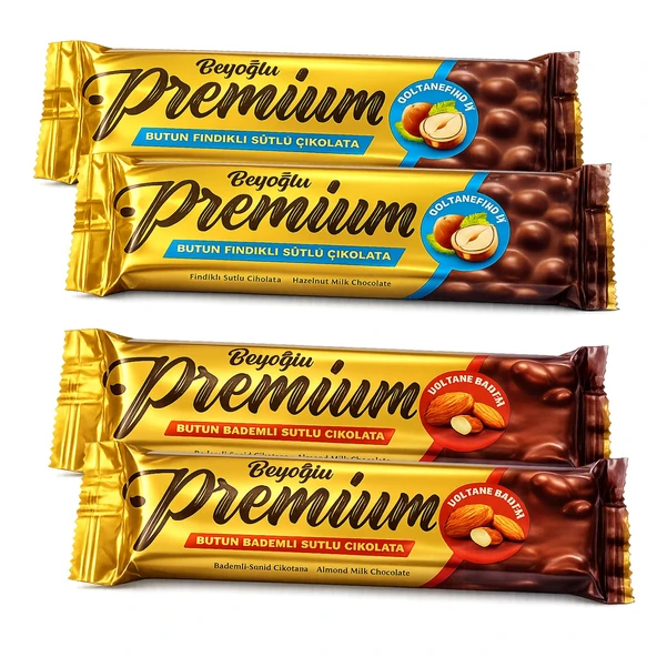 Beyoğlu Premium Bütün Fındıklı ve Bademli Çikolata 75 gr x 4 lü Karma Paket ürün görseli 1