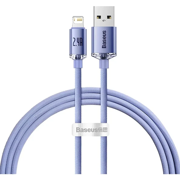 Baseus Crystal Shine, 2.4 A USB-A & Lightning Data ve Şarj Kablosu, 1.2 Metre, Mor, ‎CAJY000005 ürün görseli 1