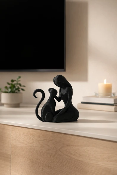 Kadın ve Kedi Dekoratif Biblo Minimal Modern Heykel TV Ünitesi Raf Masa Dekoru Siyah Figür 9 Cm ürün görseli 1