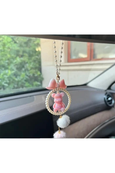 Freya 1 adet Pembe Ayıcık İnci Detaylı Araba Dikiz Aynası Süsü | Fiyonklu Sevimli Oto Aksesuarı ürün görseli 1