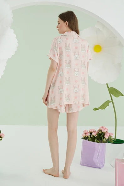 Pembe Rabbit Önden Düğmeli Şortlu Pijama Takım - Resim 4