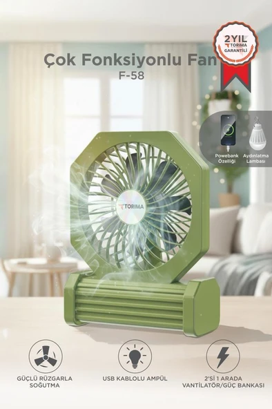 Şarjlı Masaüstü Vantilatör Powerbank Özellikli 3600 Mah Işıklı Taşınabilir Masa Fanı F58 Yeşil ürün görseli 1