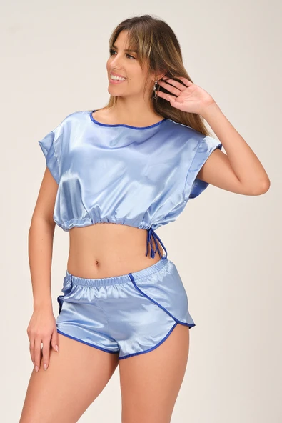 Mavi Soft Glow Saten Şort Takımı ürün görseli 1