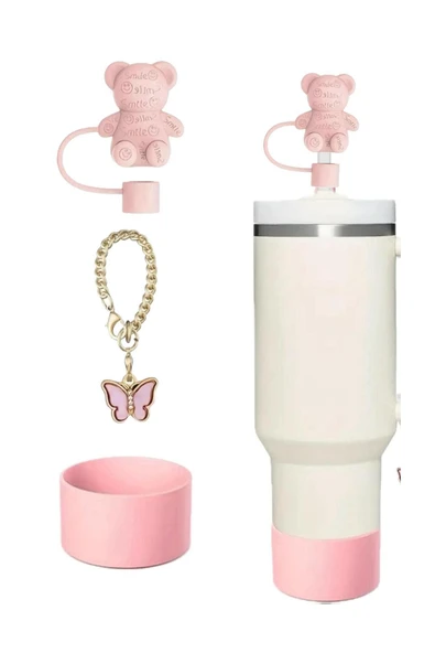 Freya 3 Parça Ayıcık Pipet Kapağı Kelebek Charm Altlık Koruyucu Silikon Termos Uyumlu ürün görseli 1