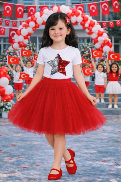 Kız Çocuk Yıldız Desenli Body ve Kırmızı Tül Etek Takım – Okul ve Bayram Etkinlik 5-13 Yaş ürün görseli 1