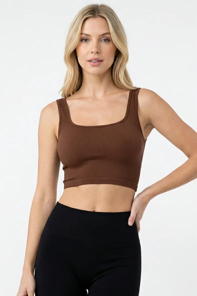 Kahverengi Kare Yaka Dikişsiz Crop Body ürün görseli 1