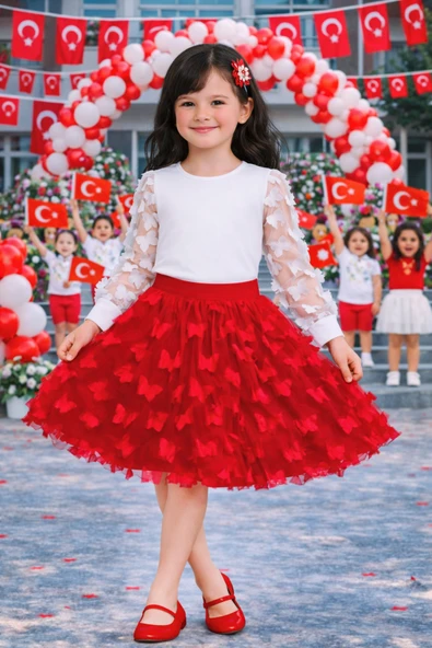 Kız Çocuk Tişört ve Etek Takım – Kelebek Detaylı Okul Etkinlik Kombini 5-13 Yaş ürün görseli 1