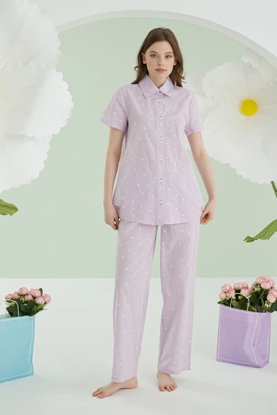 Lila Kalpli Önden Düğmeli Pijama Takım ürün görseli 1