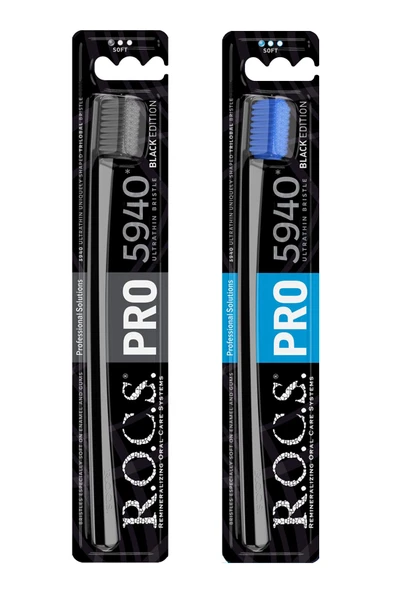 R.O.C.S. Rocs Pro Black 5940 Adet Kıl Içeren Soft Diş Fırçası - 2 Adet Siyah-mavi ürün görseli 1