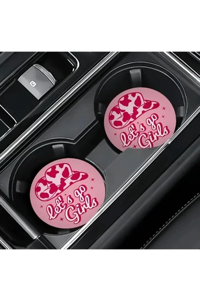 Freya Kovboy Pembe Araba Bardak Altlığı Pembe Kovboy Desenli Oto Cup Holder Mat 2’li Set ürün görseli 1