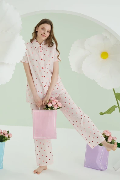 Pembe Kalpli Önden Düğmeli Pijama Takım ürün görseli 1
