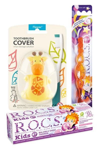 R.O.C.S. Kids 4-7 Yaş Komple Ağız Bakım Seti -balon Macun + Kids Fırçası +zürafa Saklama Kabı ürün görseli 1