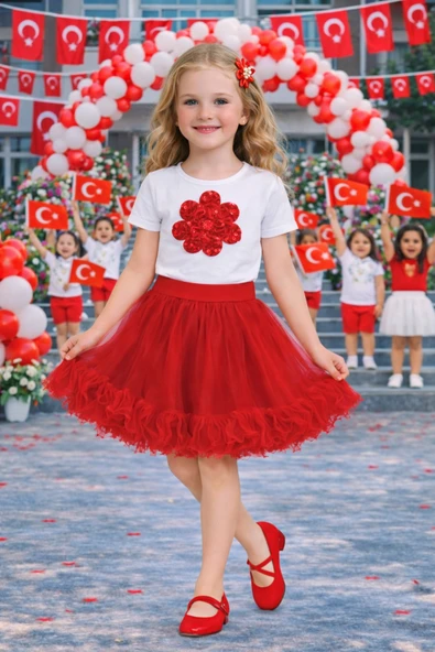 Kız Çocuk Kırmızı Tül Etek ve Çiçek Figürlü Beyaz Body Takım – Okul ve Bayram Etkinlik 5-13 Yaş ürün görseli 1