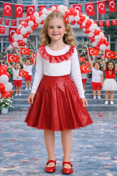 Kız Çocuk Kırmızı Deri Etek Beyaz Fırfırlı Body Takım – Okul ve Bayram Etkinlik 5-13 Yaş ürün görseli 1