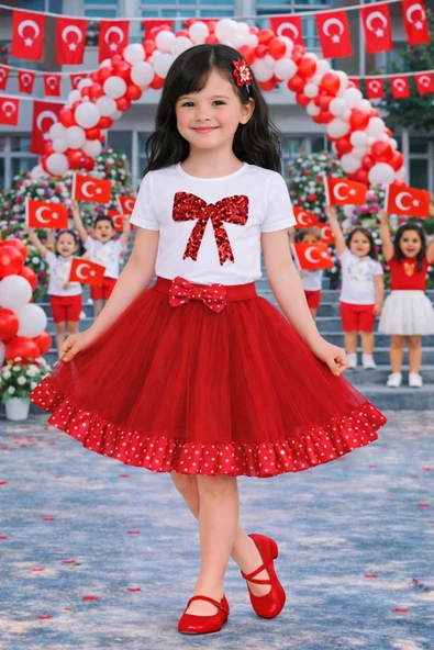Kız Çocuk Fiyonk Desenli Body ve Kırmızı Puantiyeli Tül Etek Takım – Okul-Bayram Etkinlik 5-13 Yaş ürün görseli 1