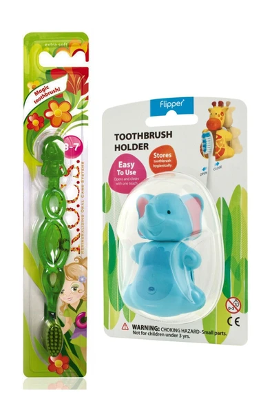 R.O.C.S. Kids 3-7 Yaş Diş Yeşil Fırçası Ve Flipper Hijyenik Saklama Kabı Seti - Fil Figürlü ürün görseli 1