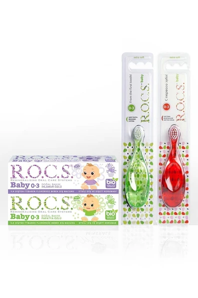R.O.C.S. Rocs Baby 0-3 Yaş Diş Ağız Bakım Seti - 2 Diş Macunu Ve 2 Diş Fırçası (kırmızı/yeşil) ürün görseli 1