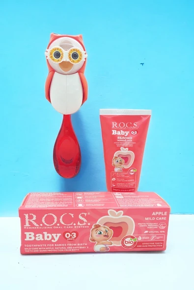 R.O.C.S. Rocs Baby Owl Bakım Seti - Bebek Diş Macunu + Diş Fırçası + Flipper Baykuş Saklama Kabı ürün görseli 1