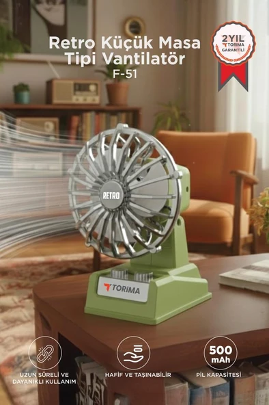 Şarjlı Masaüstü Vantilatör Retro Tasarım 500 Mah Taşınabilir Mini Masa Fanı F51 Yeşil ürün görseli 1