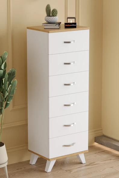 AEKA AE-3038 Belinda 6 Çekmeceli Beyaz Çam Şifonyer Komodin 132x45x36 cm ürün görseli 1