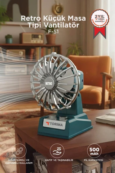 Şarjlı Masaüstü Vantilatör Retro Tasarım 500 Mah Taşınabilir Mini Masa Fanı F51 Mavi ürün görseli 1