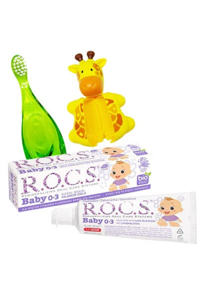 R.O.C.S. Rocs 0-3 Yaş Ihlamur Özlü Bebek Diş Macunu 35ml + Rocs 0-3 Bebek Diş Fırçası + Fırça Saklama Kabı ürün görseli 1