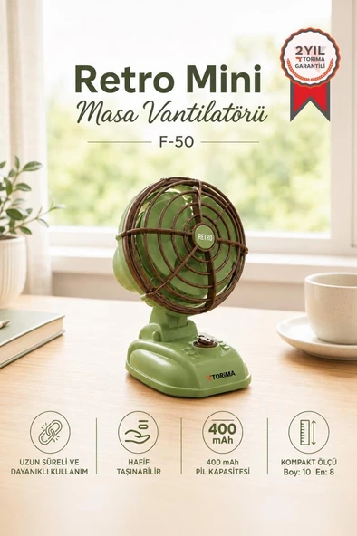 Şarjlı Masaüstü Vantilatör Vintage Retro Tasarım 400 Mah Taşınabilir Masa Fanı F50 Yeşil ürün görseli 1