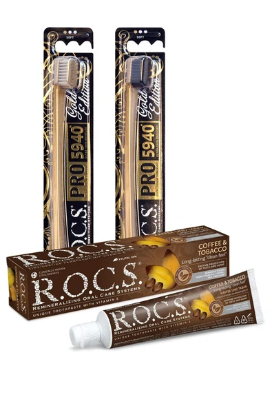 R.O.C.S. Cofee&tobacco Lekelere Karşı Diş Macunu Ve 2 Adet Gold Edıtıon Diş Fırçası Seti ürün görseli 1