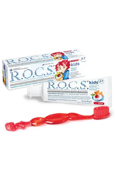 R.O.C.S. Kids 3-7 Yaş Meyve Külahı 35 ml Diş Macunu ve Fırçası Seti Kırmızı ürün görseli 1