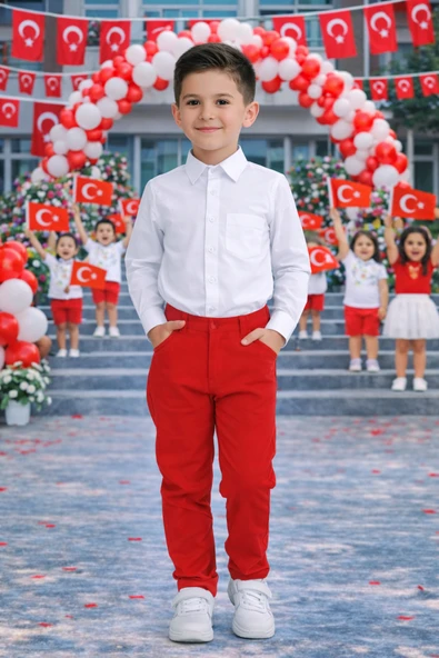 Erkek Çocuk Beyaz Gömlek ve Kırmızı Pantolon Takım – Okul ve Bayram Etkinlik 5-13 Yaş ürün görseli 1