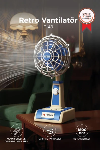Vantilatör Retro Tasarımlı Masaüstü Mini USB Şarjlı Fan F49 Mavi ürün görseli 1