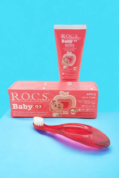 R.O.C.S. Rocs Baby 0-3 Yaş Elma Püresi Tadında Diş Macunu 45g Kırmızı Diş Fırçası Seti ürün görseli 1