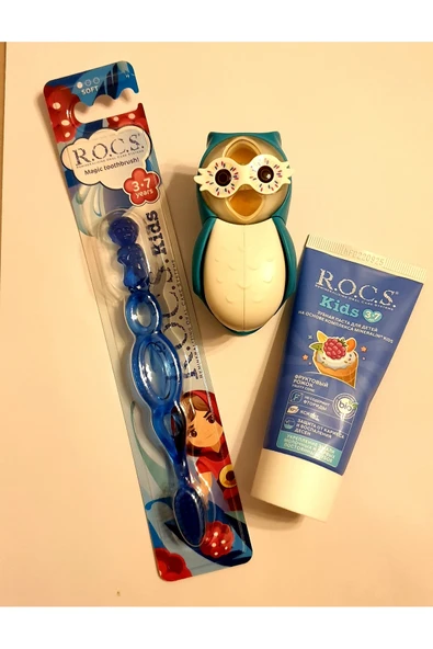 R.O.C.S. 3-7 Yaş Meyve Külahı Diş Macunu+Mavi Baykuş Flipper Saklama Kabı+Mavi 3-7 Yaş Diş Fırçası Seti ürün görseli 1