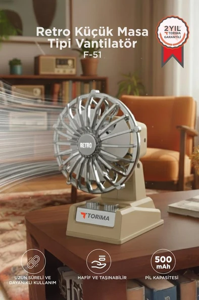 Şarjlı Masaüstü Vantilatör Retro Tasarım 500 Mah Taşınabilir Mini Masa Fanı F51 Bej ürün görseli 1