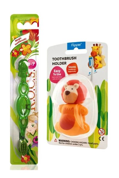 R.O.C.S. Kids 3-7 Yaş Diş Yeşil Fırçası Ve Flipper Hijyenik Saklama Kabı Seti – Aslan Figürlü ürün görseli 1
