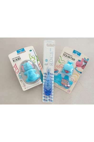 Flipper Bebek Bakım Komple Set Mavi - Diş Fırça Kabı Fil/ Diş Fırçası/balina Diş Macunu Sıkacağı ürün görseli 1