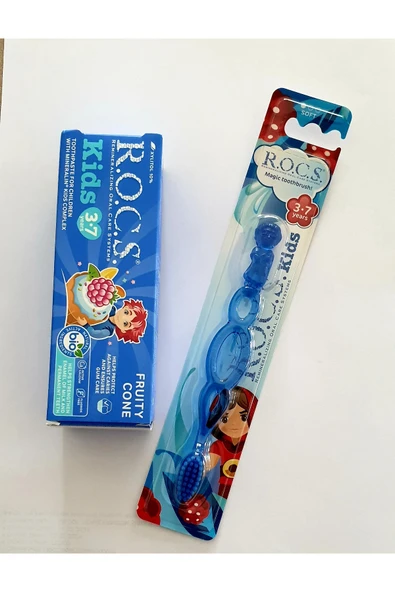 R.O.C.S. 3-7 Yaş Meyve Külahı Diş Macunu + 3-7 Yaş Diş Fırçası Seti Mavi ürün görseli 1