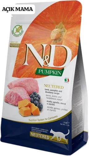 N&D Pumpkin Balkabaklı Kuzu Etli ve Yaban Mersinli Kısırlaştırılmış 1.5 kg Kedi Maması Açık Mama ürün görseli 1